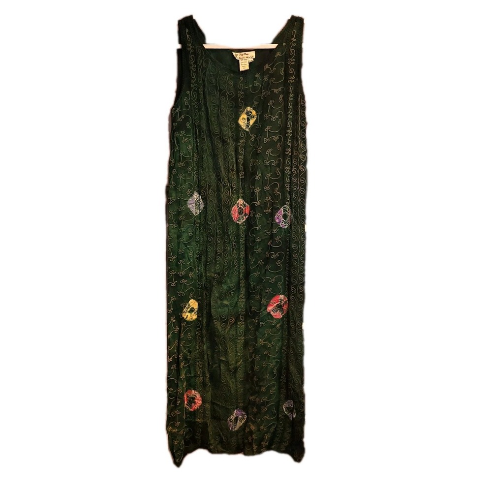 Papillon Embellished 100% Silk Vintage Green Multicolor 90s Boho Beachy Resort